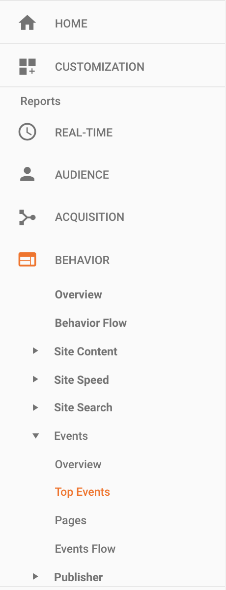 Google Analytics event menu