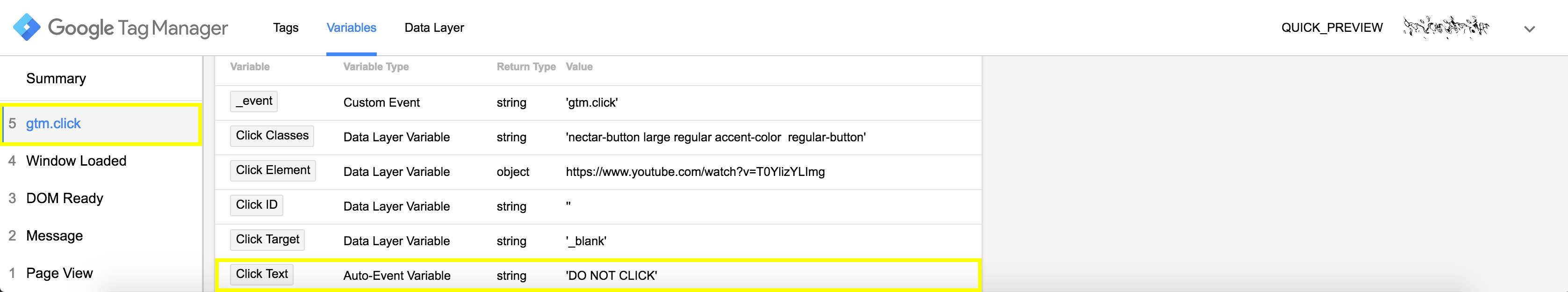 Google Tag Manager preview window after click