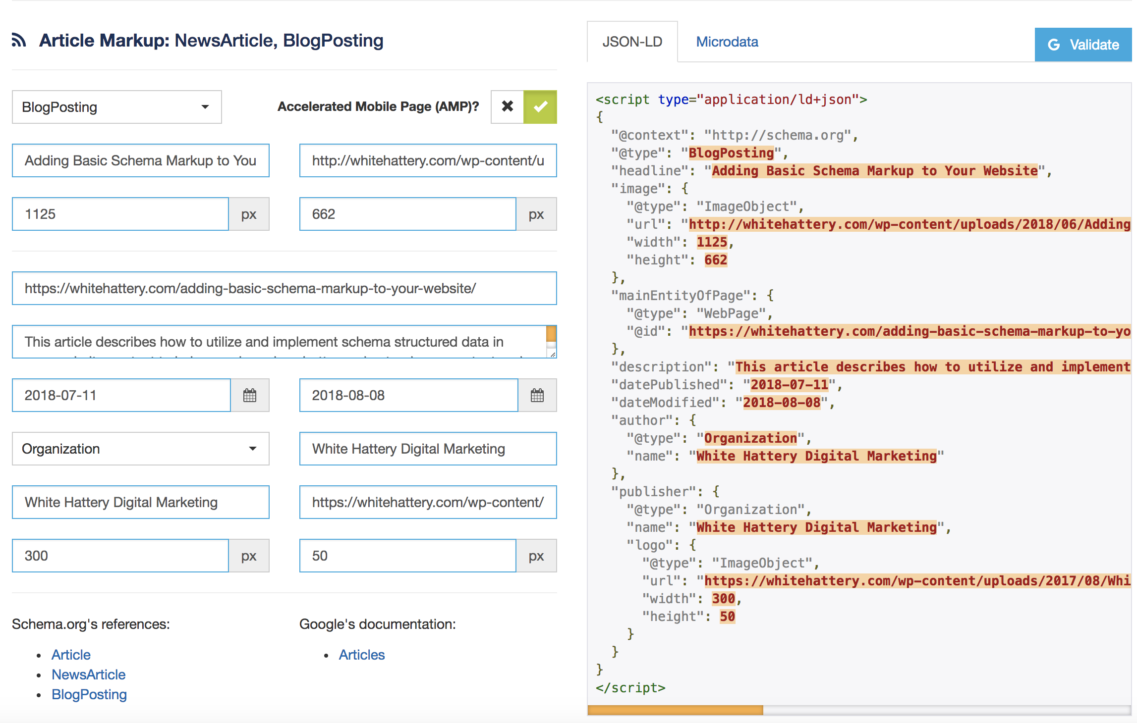 Schema markup tester example
